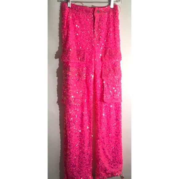 Fashion Nova Always Sparkle Pink Sequin Cargo Pant Set Women's Size XS NWT - Picture 4 of 7